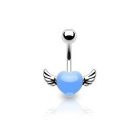 Piercing nombril coeur tattoo bleu avec ailes pour femme