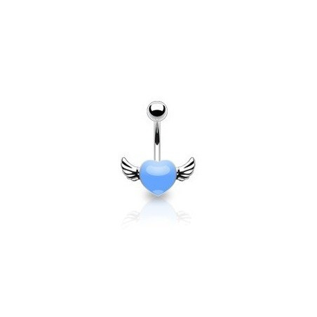 Piercing nombril coeur tattoo bleu avec ailes pour femme