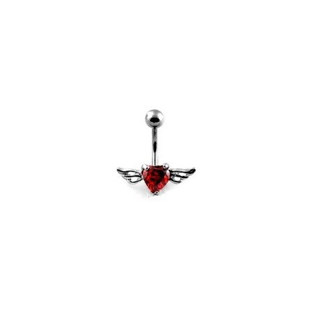 Piercing nombril Coeur Tattoo cristal rouge avec Ailes