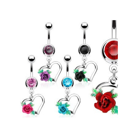 Piercing nombril pendentif coeur et fleur