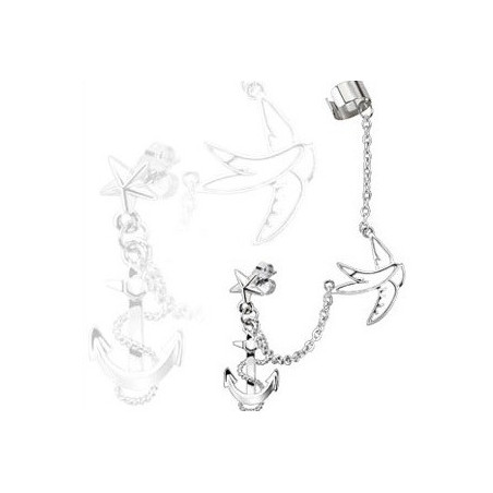 Boucle d'oreille ancre marine hirondelle