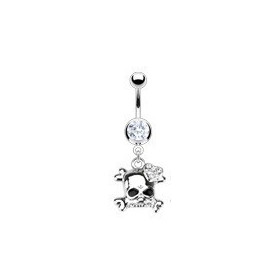 Piercing nombril acier chirurgical pendentif tête de mort strass blanc