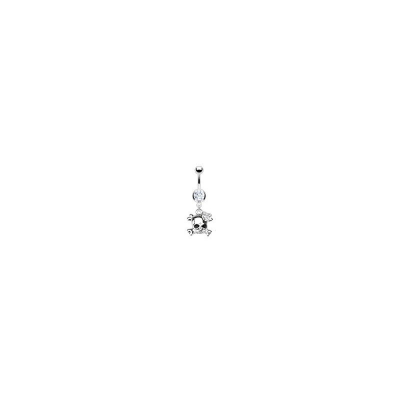 Piercing nombril acier chirurgical pendentif tête de mort strass blanc