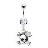 Piercing nombril acier chirurgical pendentif tête de mort strass blanc