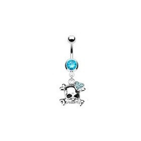 Piercing nombril acier chirurgical pendentif tête de mort strass bleu turquoise