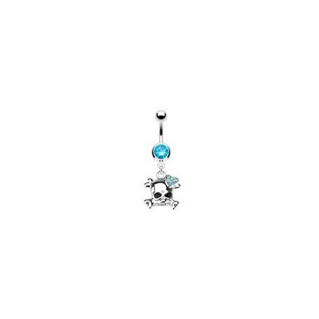 Piercing nombril acier chirurgical pendentif tête de mort strass bleu turquoise