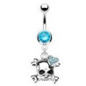 Piercing nombril acier chirurgical pendentif tête de mort strass bleu turquoise