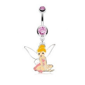 piercing nombril barre en acier chirurgical pendentif fée clochete cristal rose