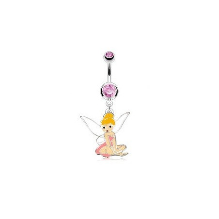 piercing nombril barre en acier chirurgical pendentif fée clochete cristal rose