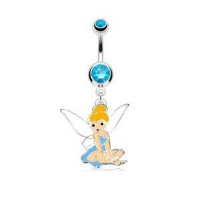 piercing nombril barre en acier chirurgical pendentif fée clochete cristal bleu