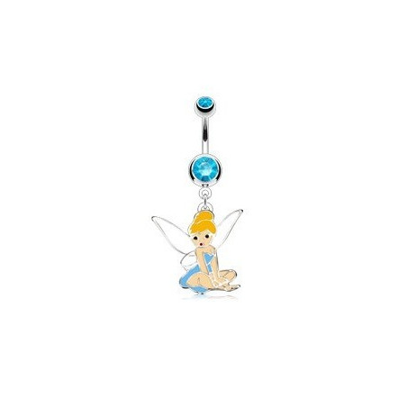 piercing nombril barre en acier chirurgical pendentif fée clochete cristal bleu