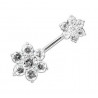 PIercing nombril argent massif 925 motif fleur jumelle cristal blanc barre titane de qualité