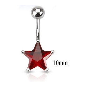 Piercing nombril acier chirurgical motif étoile cristal 10mm couleur rouge