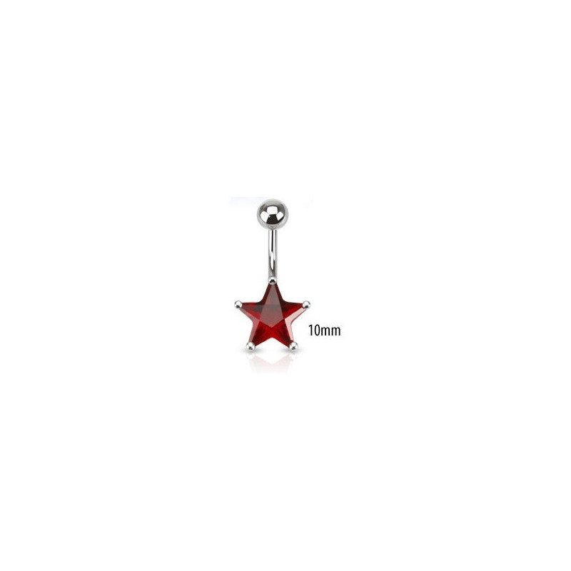 Piercing nombril acier chirurgical motif étoile cristal 10mm couleur rouge