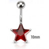 Piercing nombril acier chirurgical motif étoile cristal 10mm couleur rouge