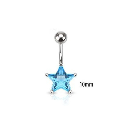 Piercing nombril acier chirurgical motif étoile cristal 10mm couleur bleu turquoise