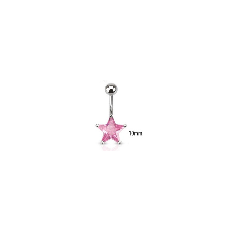 Piercing nombril acier chirurgical motif étoile cristal 10mm couleur rose