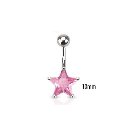 Piercing nombril acier chirurgical motif étoile cristal 10mm couleur rose