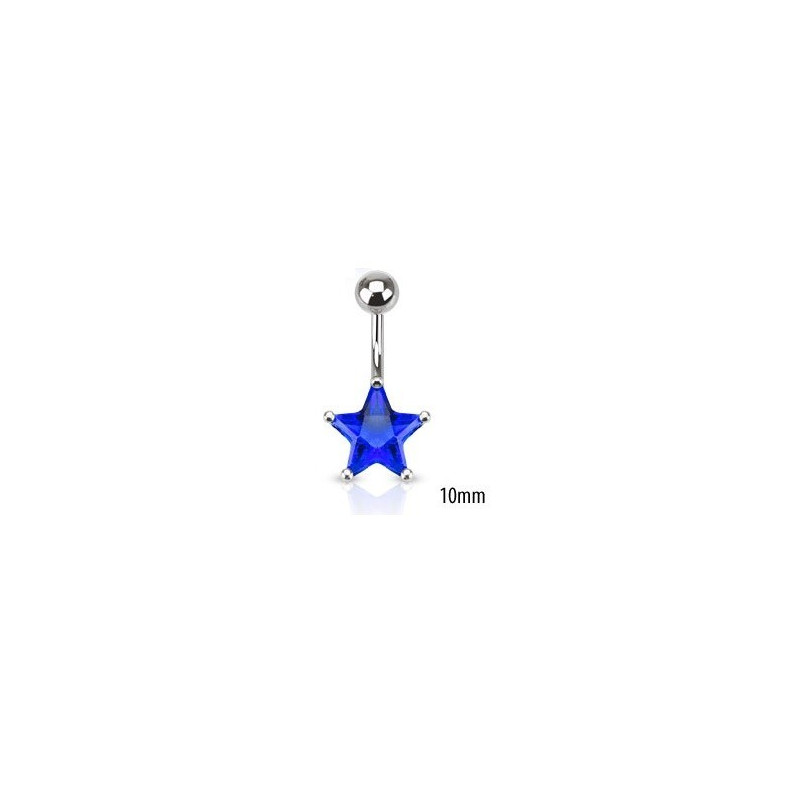 Piercing nombril acier chirurgical motif étoile cristal 10mm couleur bleu