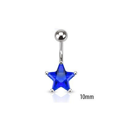 Piercing nombril acier chirurgical motif étoile cristal 10mm couleur bleu