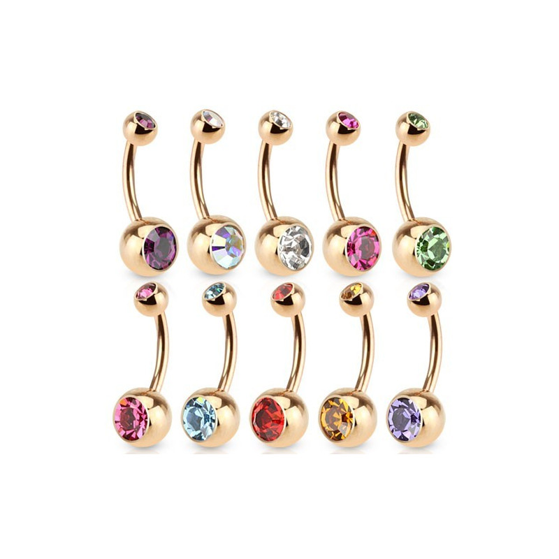 Piercing nombril doré Acier chirurgical anodisé couleur or rose cristal blanc