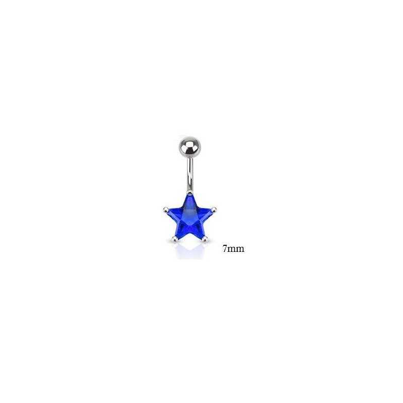 Piercing nombril acier chirurgical motif étoile cristal 7 mm couleur bleu