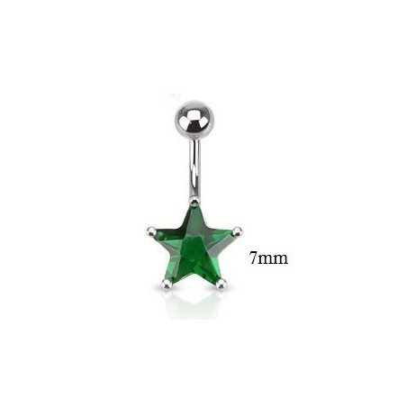 Piercing nombril acier chirurgical motif étoile cristal 7 mm couleur vert