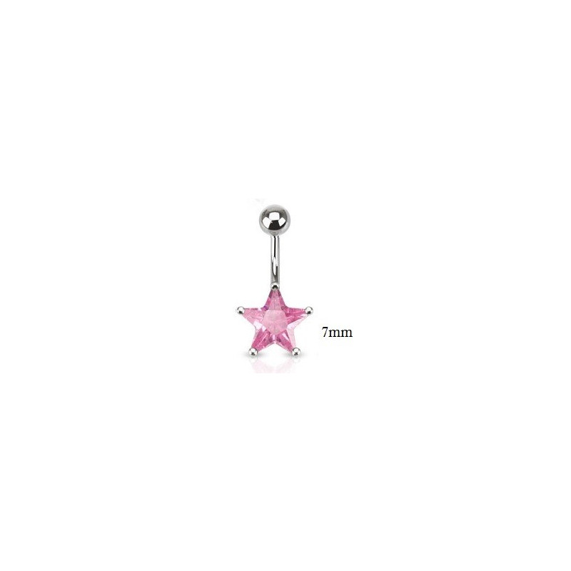 Piercing nombril acier chirurgical motif étoile cristal 7 mm couleur rose