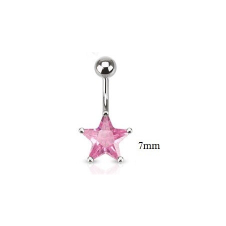 Piercing nombril acier chirurgical motif étoile cristal 7 mm couleur rose