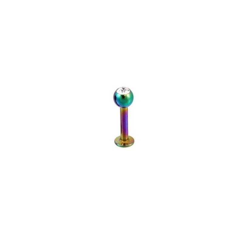 Piercing labret titane anodisé essence Bille 3 mm couleur arc en ciel avec cristal zirconium blanc