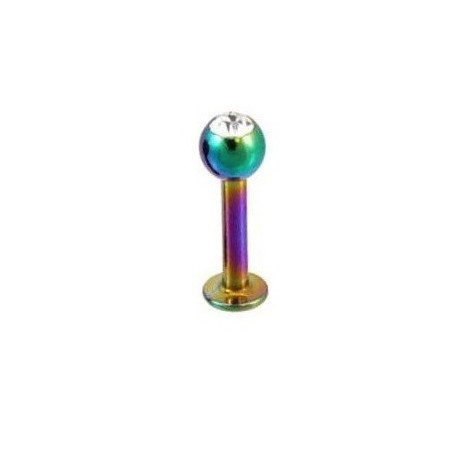 Piercing labret titane anodisé essence Bille 3 mm couleur arc en ciel avec cristal zirconium blanc