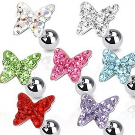 Piercing tagus helix cartilage lobe en acier chirurgical motif papillon cristal couleur blanc blanc