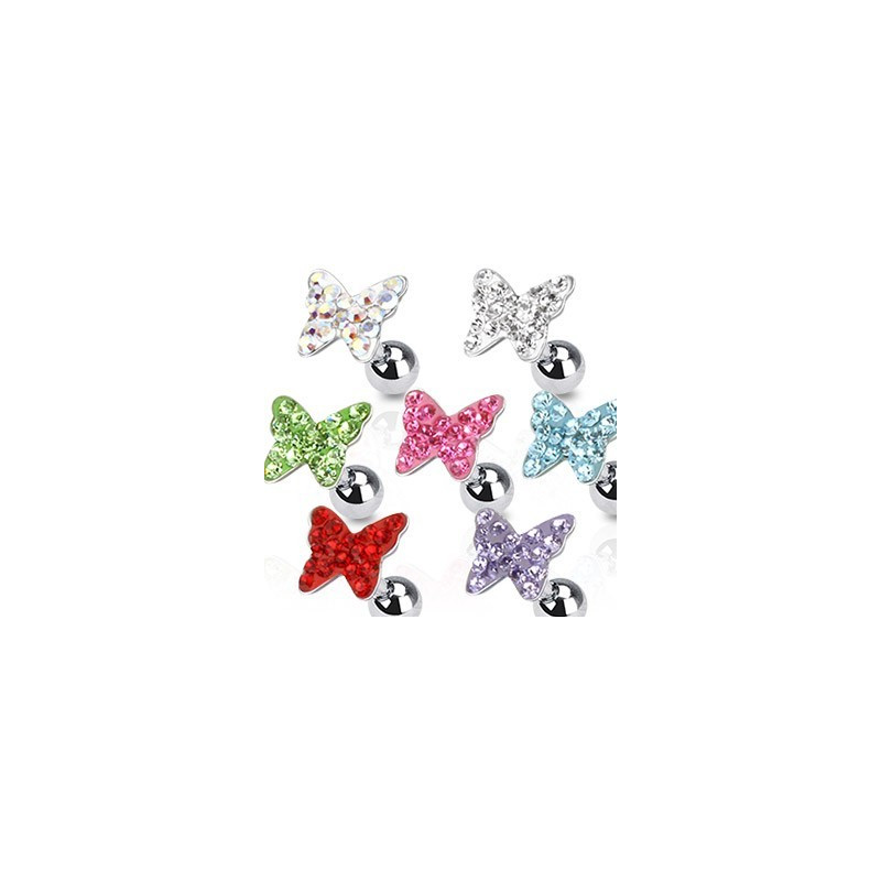 Piercing tagus helix cartilage lobe en acier chirurgical motif papillon cristal couleur blanc blanc