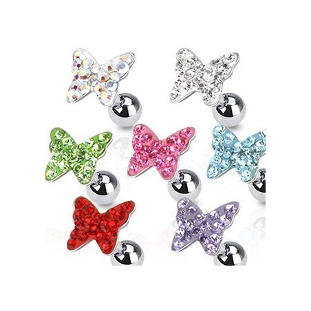 Piercing tagus helix cartilage lobe en acier chirurgical motif papillon cristal couleur blanc blanc