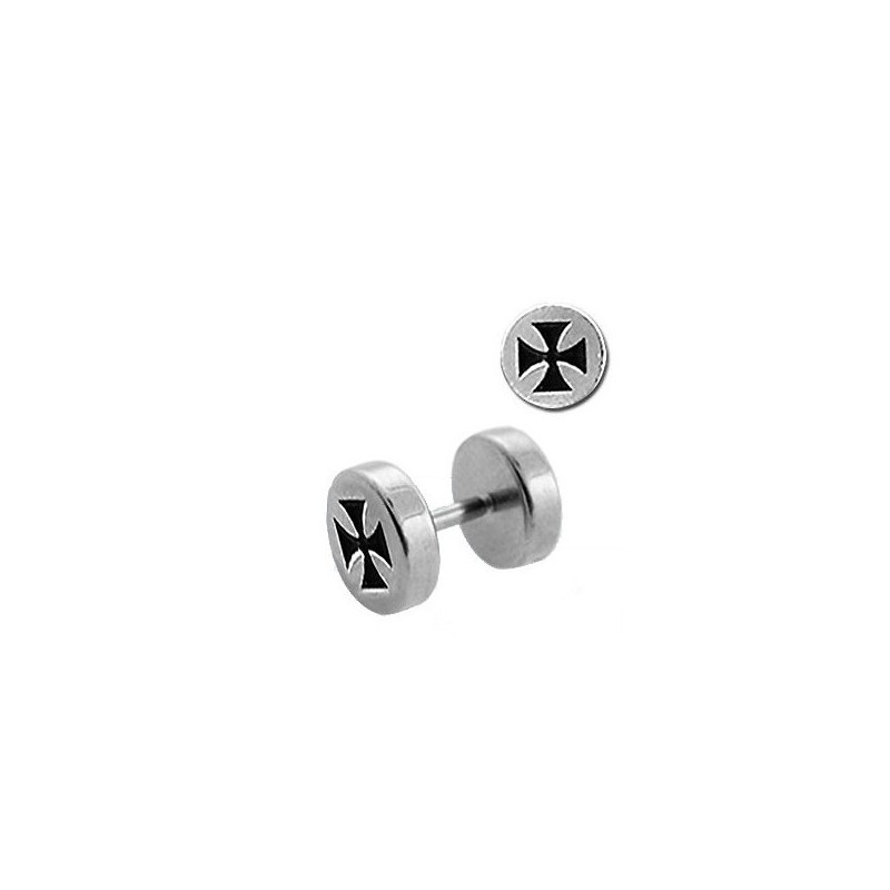 Faux piercing plug écarteur pour oreille logo croix de malte acier chirurgical inoxydable