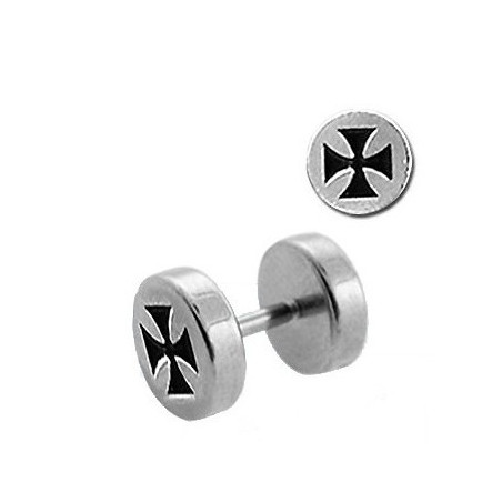 Faux piercing plug écarteur pour oreille logo croix de malte acier chirurgical inoxydable