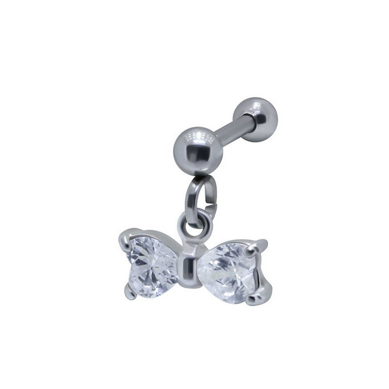 Piercing oreille acier chirurgical pendentif noeud de papillon cristal blanc pour hélix tragus et cartilage oreille