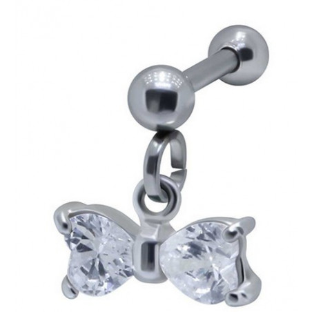 Piercing oreille acier chirurgical pendentif noeud de papillon cristal blanc pour hélix tragus et cartilage oreille