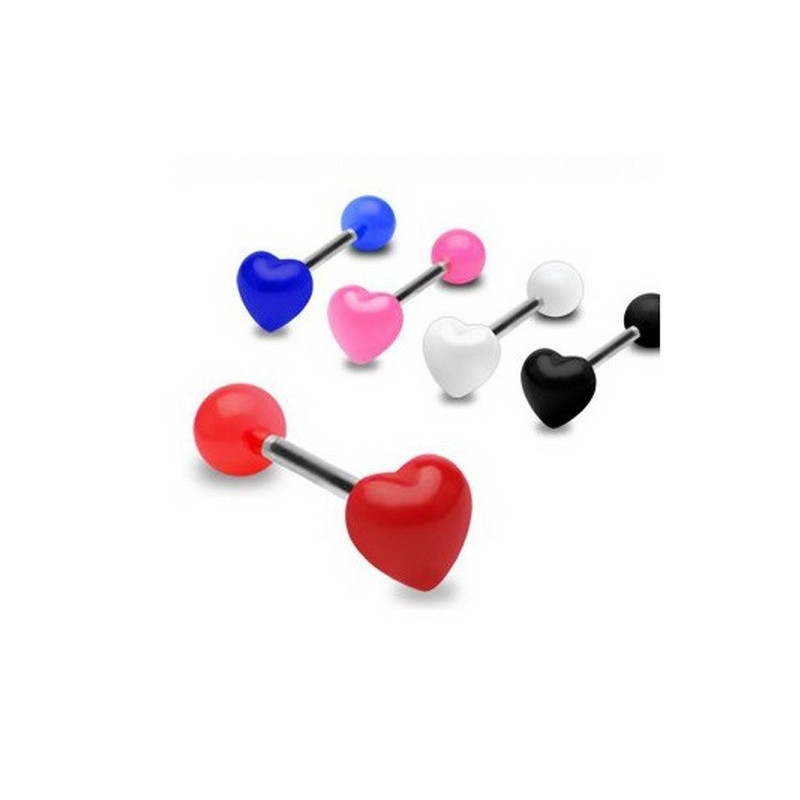 Piercing langue barbell acier chirurgical bille acrylique fluo motif coeur fluo rouge pour femme Piercing langue barbell acier chirurgical bille acrylique fluo motif coeur fluo rouge pour femme