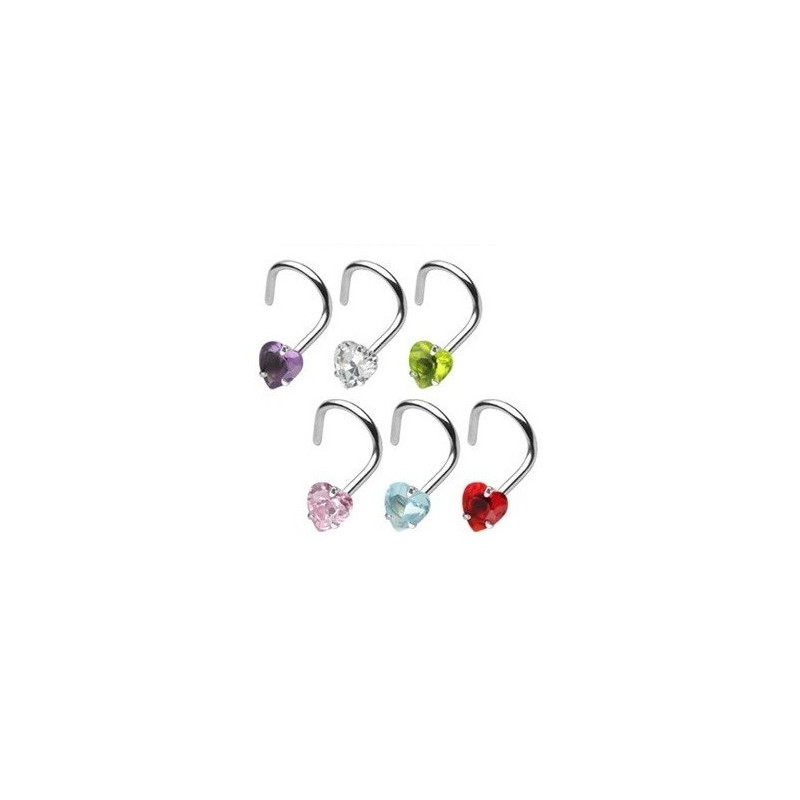 Piercing nez motif coeur cristal couleur blanc tige acier chirurgical courbée en forme de tire-bouchon