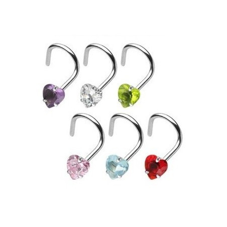 Piercing nez motif coeur cristal couleur blanc tige acier chirurgical courbée en forme de tire-bouchon