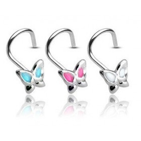 Piercing nez motif papillon blanc en argent massif 925 tige courbé en tire-bouchon pas cher