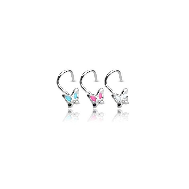 Piercing nez motif papillon blanc en argent massif 925 tige courbé en tire-bouchon pas cher