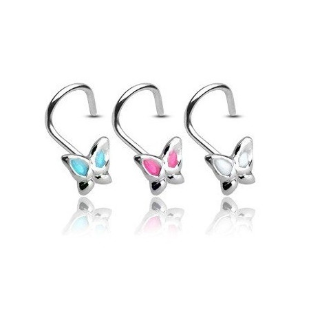 Piercing nez motif papillon blanc en argent massif 925 tige courbé en tire-bouchon pas cher