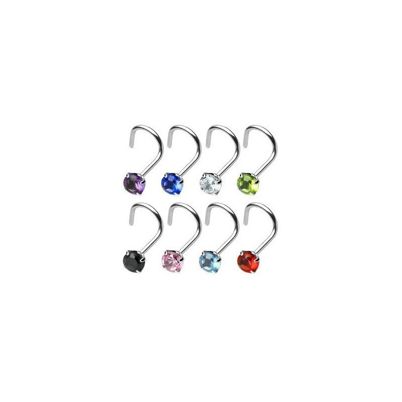 Piercing nez Tige courbée en acier chirurgical cristal de 3mm rond de couleur blanc forme tire-bouchon