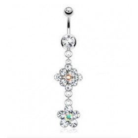 Piercing nombril pendentif double Fleur cristal blanc