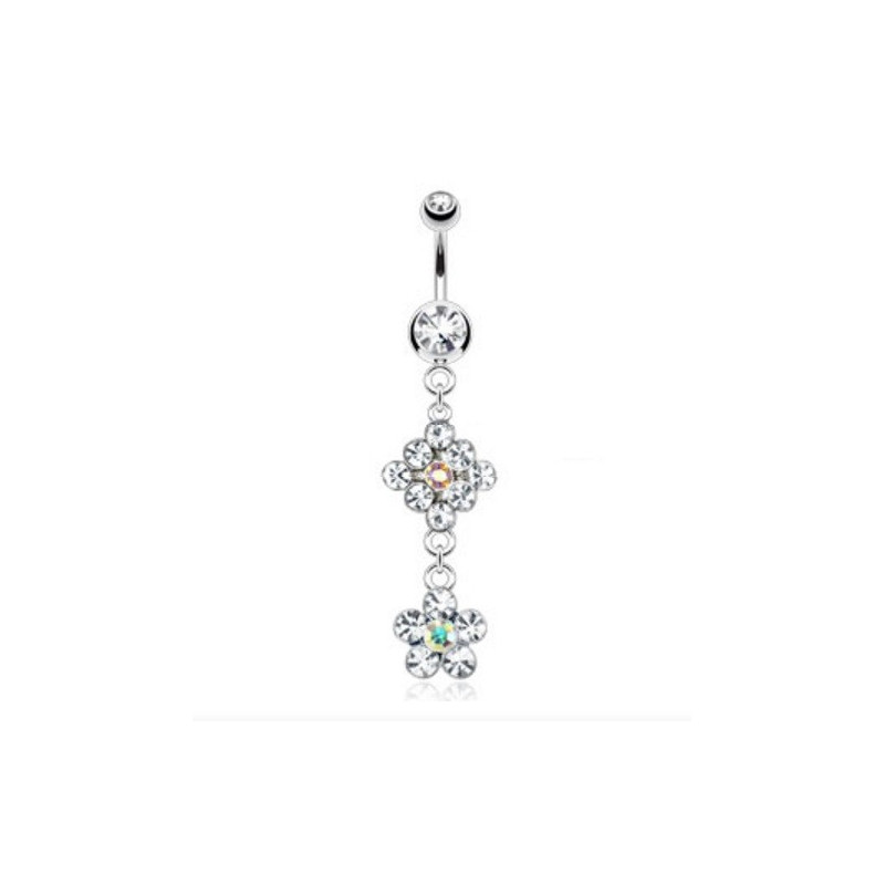 Piercing nombril pendentif double Fleur cristal blanc