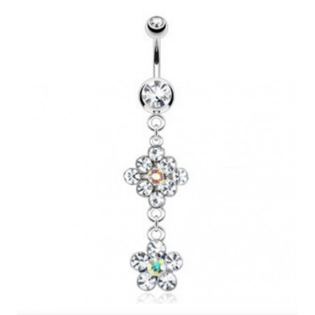 Piercing nombril pendentif double Fleur cristal blanc