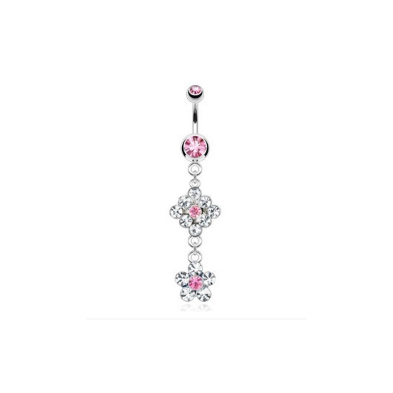 Piercing nombril pendentif double Fleur cristal rose pour femme