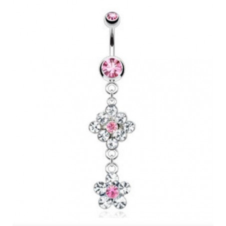 Piercing nombril pendentif double Fleur cristal rose pour femme
